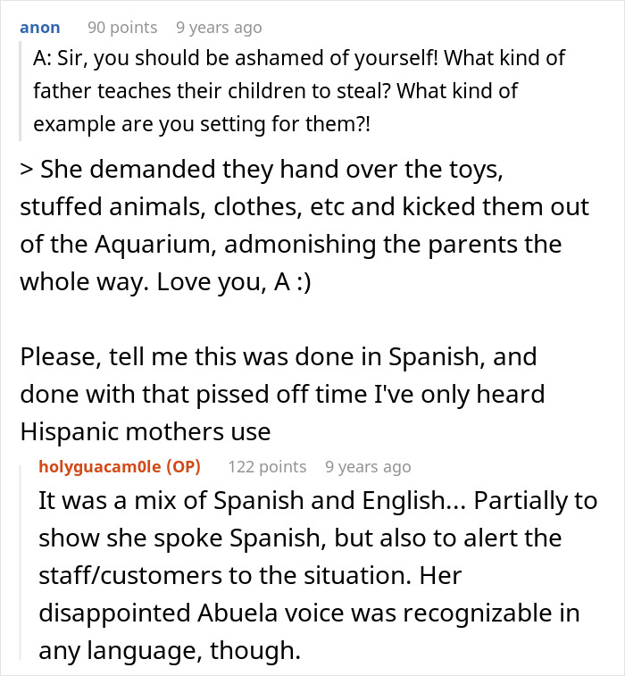 Screenshot of a discussion where an employee calls out a dad during a public confrontation about stealing.