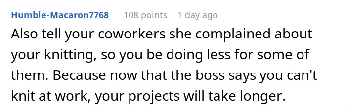 Screenshot of a Reddit comment discussing an entitled employee causing knitting to be banned at work due to conflict with a coworker.