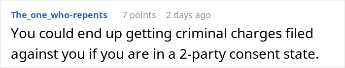 Text comment on a white background about potential criminal charges related to two-party consent laws in a work discussion forum.