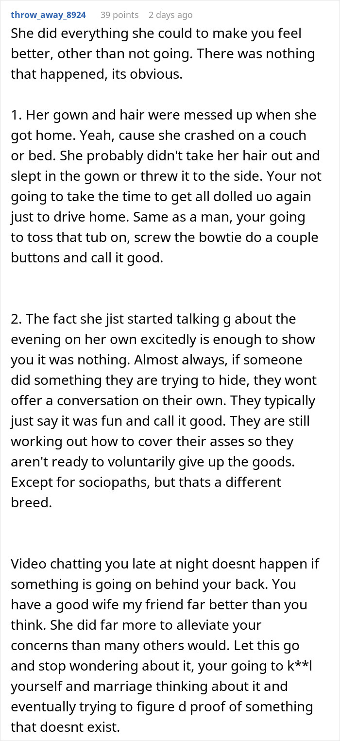 Woman goes to gala with client as date, causing husband to question their relationship and trust.