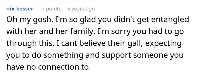 Screenshot of a Reddit comment expressing relief about avoiding involvement with a cheater and her family drama.