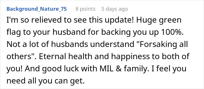 Screenshot of an online comment expressing relief and support for a daughter-in-law dealing with a challenging monster-in-law.