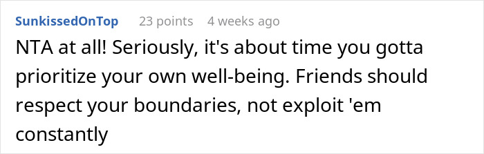 Screenshot of a social media comment discussing a friend repaying help with complaints, highlighting boundaries and respect.