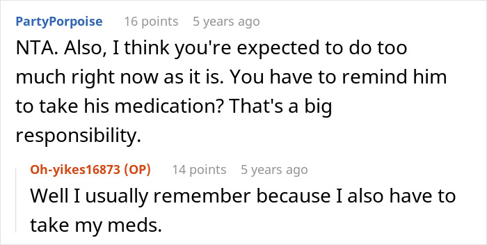 Online forum conversation discussing the care burden of a brother with nocturnal epilepsy and medication responsibilities.