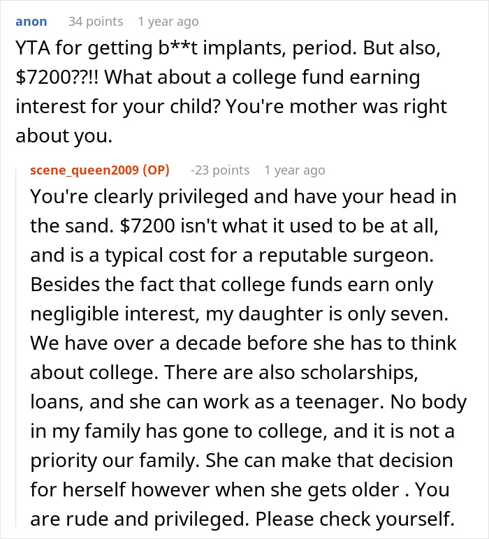 Reddit comment thread discussing a single mom spending thousands on plastic surgery and expecting support.