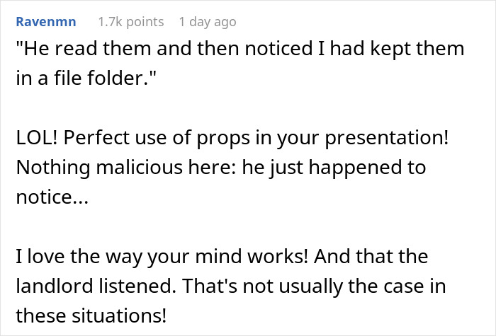 Screenshot of a Reddit comment praising clever use of props, discussing how the on-site landlord acted awful but rent got doubled.