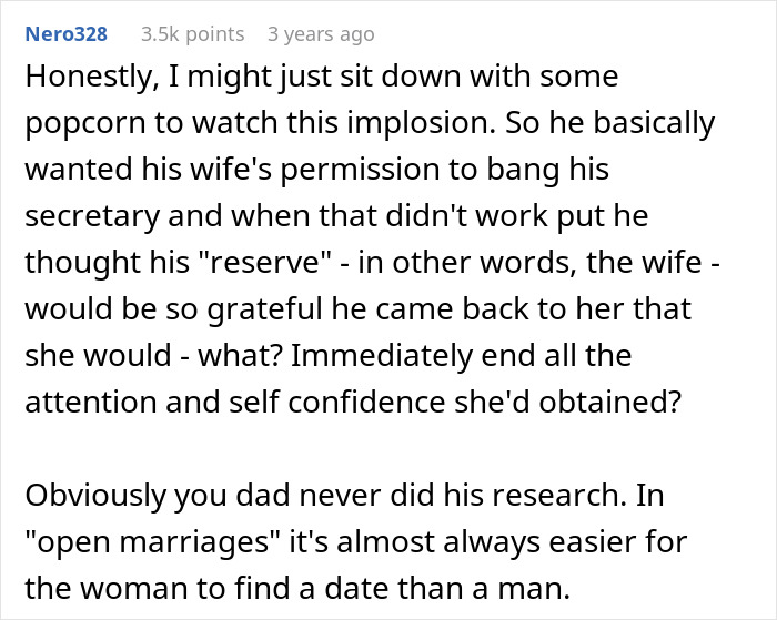 Screenshot of an online comment discussing regrets about forcing a wife into an open marriage and its consequences.