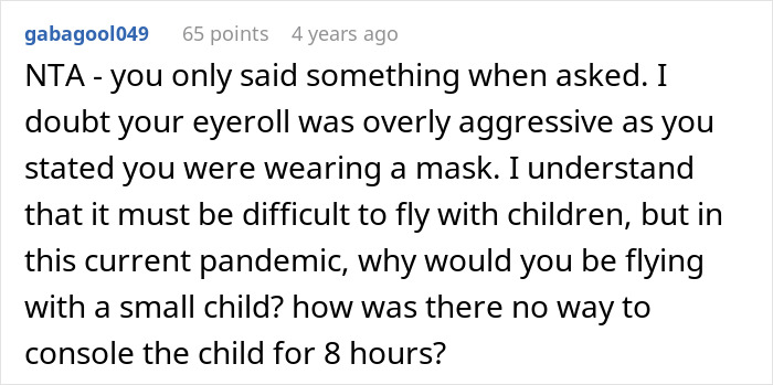 Screenshot of a Reddit comment discussing a passenger confronting a mom after an 8-hour toddler meltdown on a flight.