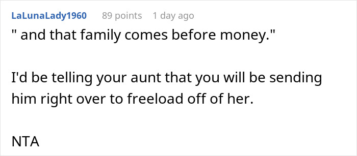 Screenshot of a Reddit comment about a guy mooching off his cousin and refusing to pay $400 rent for six months.