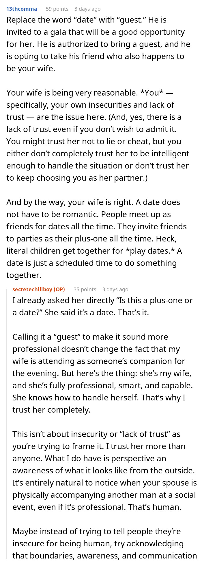 Text-based image showing a discussion about a woman attending a gala as a client&rsquo;s date, sparking trust and insecurity issues.