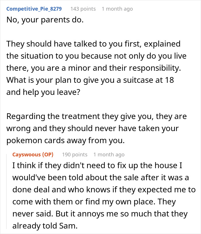 Reddit comments discussing toxic parents favoring golden child son and conflict with younger son over house help.