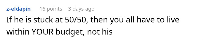 Comment on social media discussing rich boyfriend demands equal split rent as girlfriend refuses, highlighting budget conflict.