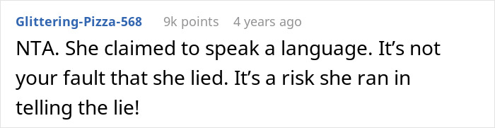 Screenshot of a forum comment discussing a woman embarrassing a new colleague by speaking a language she claimed to know well.
