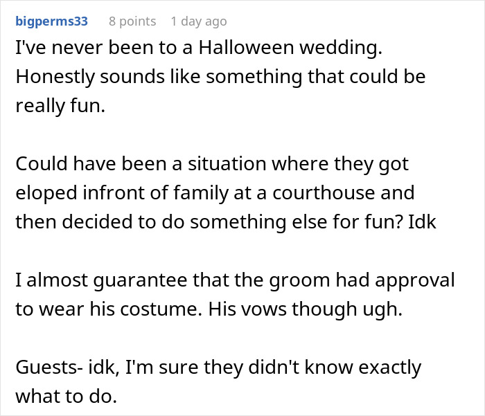 Reddit user comments expressing mixed feelings about a Halloween wedding, mentioning the groom's costume and guests' confusion.