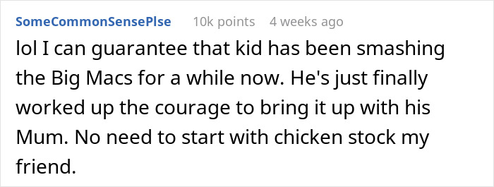 Commenter humorously predicts stepson ready to change diet despite mom's opposition in an online discussion thread.