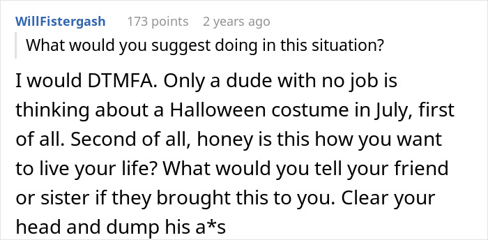 Reddit comment discussing a man with debt asking his girlfriend to take a loan for a Spiderman costume.