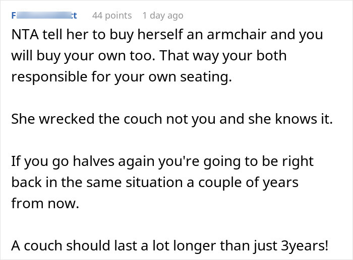 Reddit comment discussing heavier roommate responsibility for paying more than half for a new couch after damage.