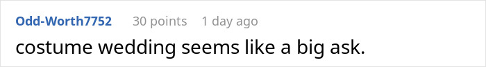 Text comment on a forum post expressing disappointment in a Halloween costume wedding.