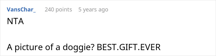 Screenshot of an online comment mocking sister&rsquo;s annual kid photo gifts by sharing a dog picture instead, causing fury.