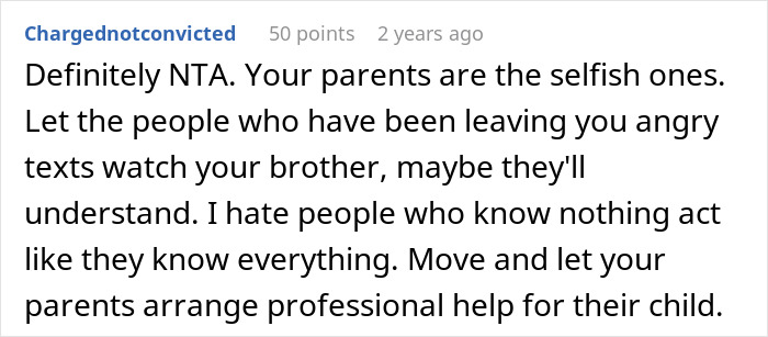 Reddit comment discussing woman setting boundary about disabled brother&rsquo;s care after drop-off incident.