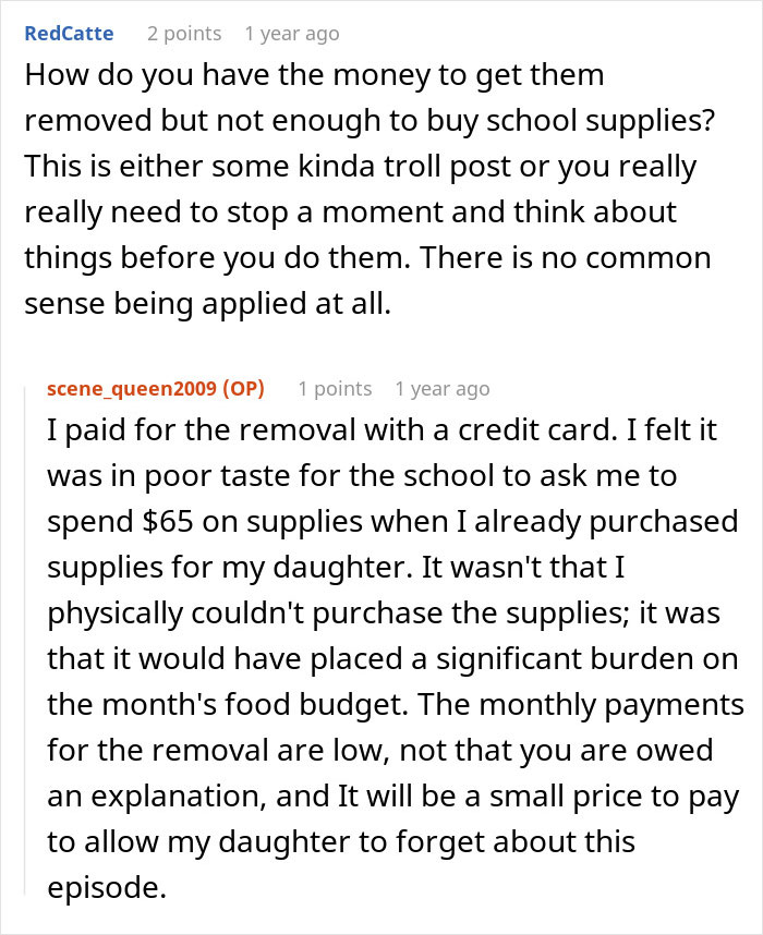 Commenters debate financial struggles of a single mom after spending thousands on plastic surgery and prioritizing school supplies.