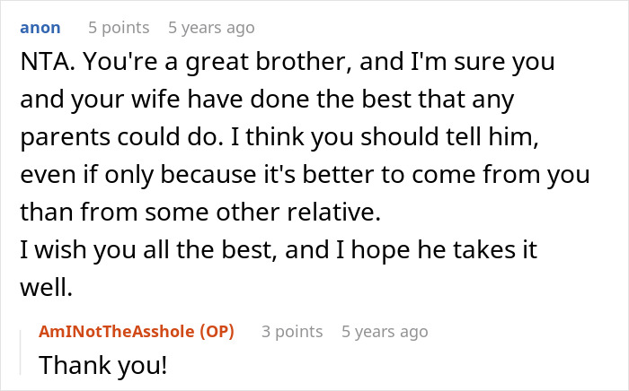 Screenshot of an online forum discussing whether a guy should tell his son the harsh truth about his real parents.