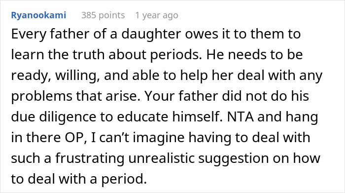 Comment discussing clueless dad&rsquo;s unrealistic period advice and daughter calling out stupid ideas about using paper towel.
