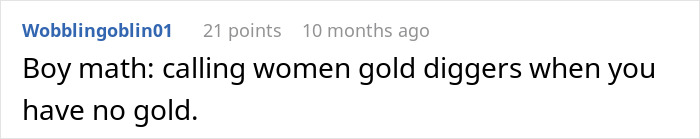 Comment text on a white background discussing women called gold diggers for wanting fair chores in relationships.