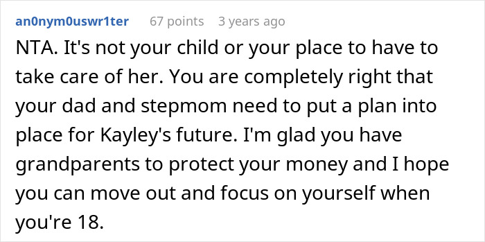 Comment from user explaining refusal of 19-year-old to prepare for caregiver role for disabled stepsister.