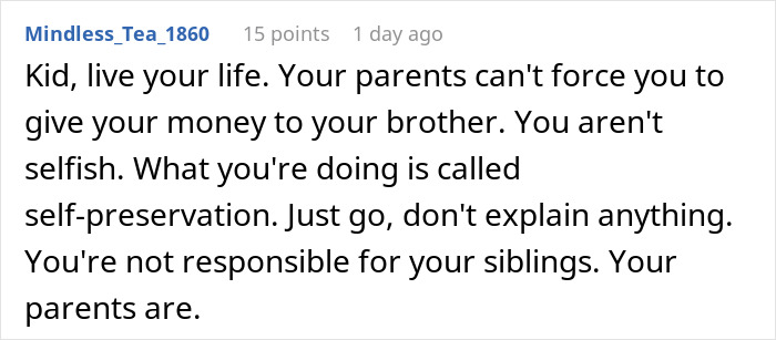 Comment text discussing the sibling of autistic and epileptic brothers facing neglect and parental demands for salary.