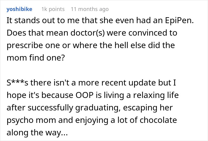 Comment discussing a daughter with an EpiPen amid parents lying about food allergies and resulting no contact situation.
