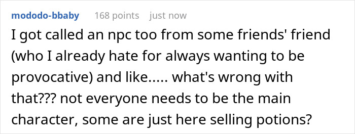 Screenshot of an online comment about being called an npc, reflecting work quiet gossip drama in social interactions.