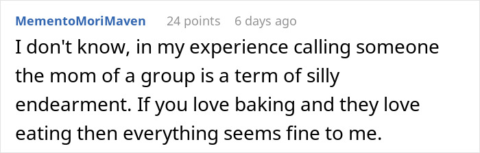 Screenshot of a forum comment discussing a woman accused of making things awkward at work by stopping baking for colleagues over a nickname.