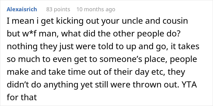 Comment discussing a woman kicking out her conservative uncle and family from Thanksgiving dinner after conflict.