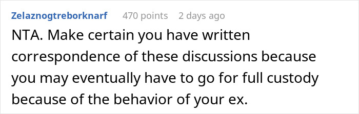 Screenshot of a Reddit comment advising documentation of discussions due to concerns about a cheater wanting rich ex to provide for her kids.