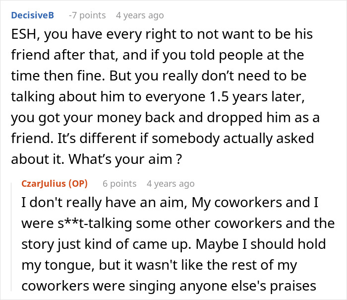 Screenshot of an online discussion about a man refusing to forgive an ex-friend who stole $40, still calling him a thief.