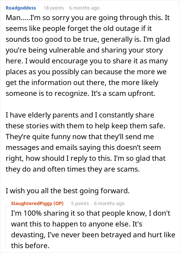 Reddit comments discussing an educated person falling for a scam investment causing immense debt and zero savings. Reddit comments discussing an educated person falling for a scam investment causing immense debt and zero savings.