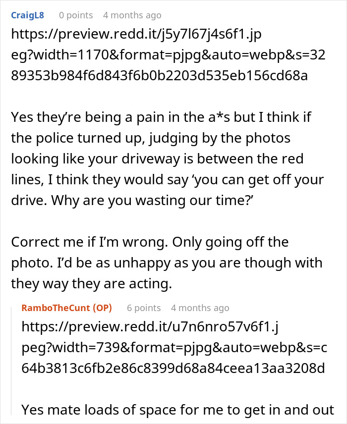 Male Karen blocking neighbor&rsquo;s driveway with car, causing frustration and advice to involve police intervention online.