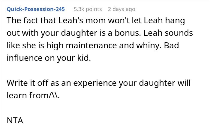 Comment on 12-year-old ruining friend&rsquo;s birthday, calling her high maintenance and bad influence on kids, advising to learn from it.