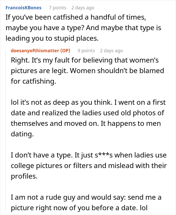 Screenshot of a discussion about gym influencer lies, online dating, and misleading photos causing relationship dealbreakers.