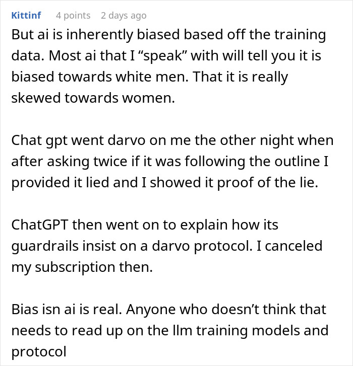 Comment discussing AI bias and behavior, highlighting issues related to AI-scored job interview real time fairness and protocols. Comment discussing AI bias and behavior, highlighting issues related to AI-scored job interview real time fairness and protocols.