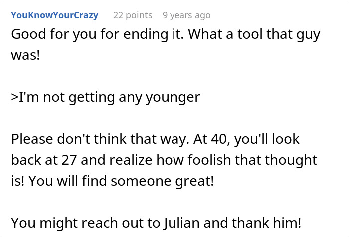 Comment on a forum post offering encouragement about aging and finding someone great, related to woman bumping into boyfriend's grown son.