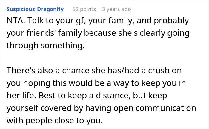 Screenshot of a Reddit comment advising open communication about a woman keeping ex&rsquo;s baby and assuming a male friend will step in.