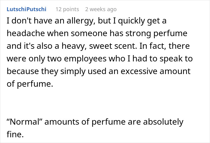Comment discussing workplace perfume use causing headaches, highlighting employee allergies and complaints about excessive scent.