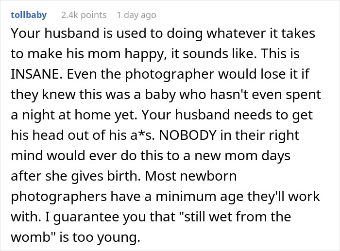 Text post discussing overbearing MIL insisting on a photoshoot just after DIL gives birth, causing tension with hubby.