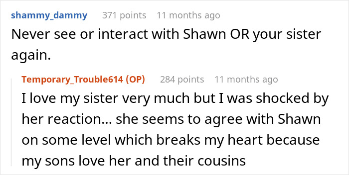 Screenshot of a Reddit conversation about a man banned from Thanksgiving after making his brother-in-law&rsquo;s wife cry with a theory.