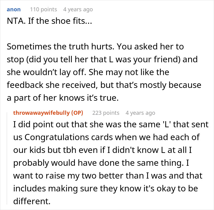 Screenshot of an online discussion about a husband calling his wife a bully triggering past bullying experiences.