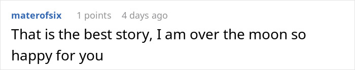 Comment text on a white background displaying praise and happiness for a positive story about an easily replaceable employee losing a big client.