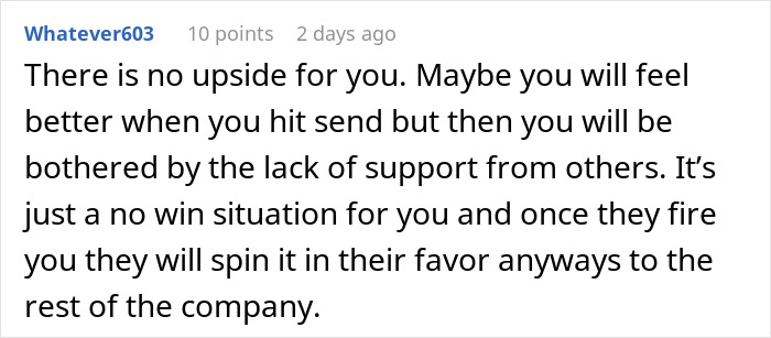 Comment from user Whatever603 advising on the risks of exposing management and HR to coworkers in a no-win situation.