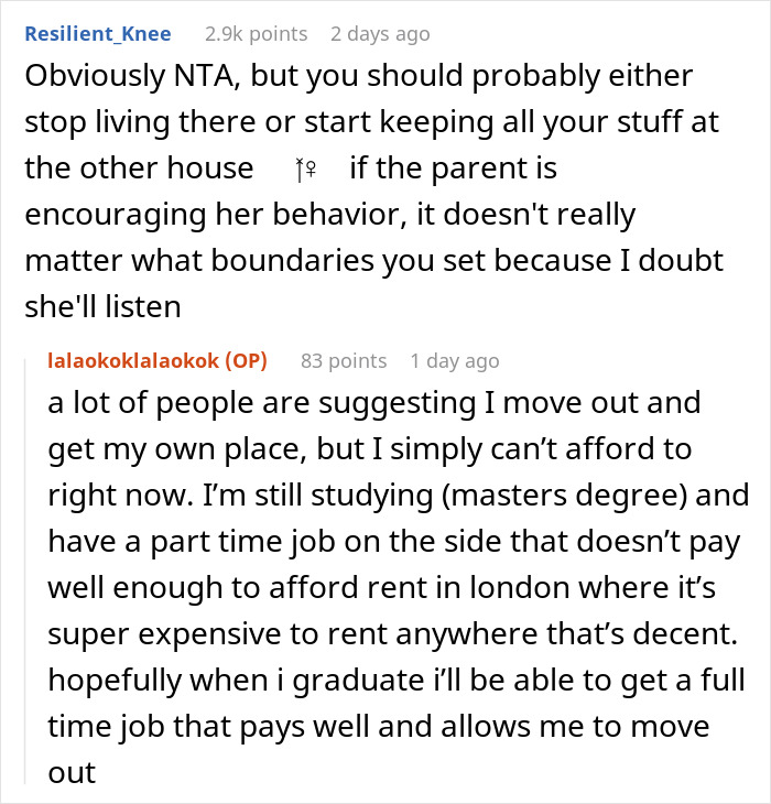 Reddit conversation about a 13-year-old using stepsister's gifts without permission and family conflicts over boundaries.